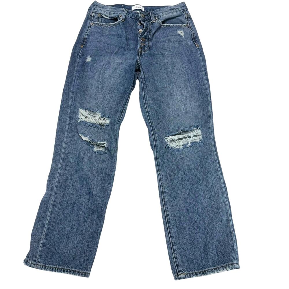 Pistola Women's Button Fly Distressed Straight Leg Blue Denim Jeans Size 27